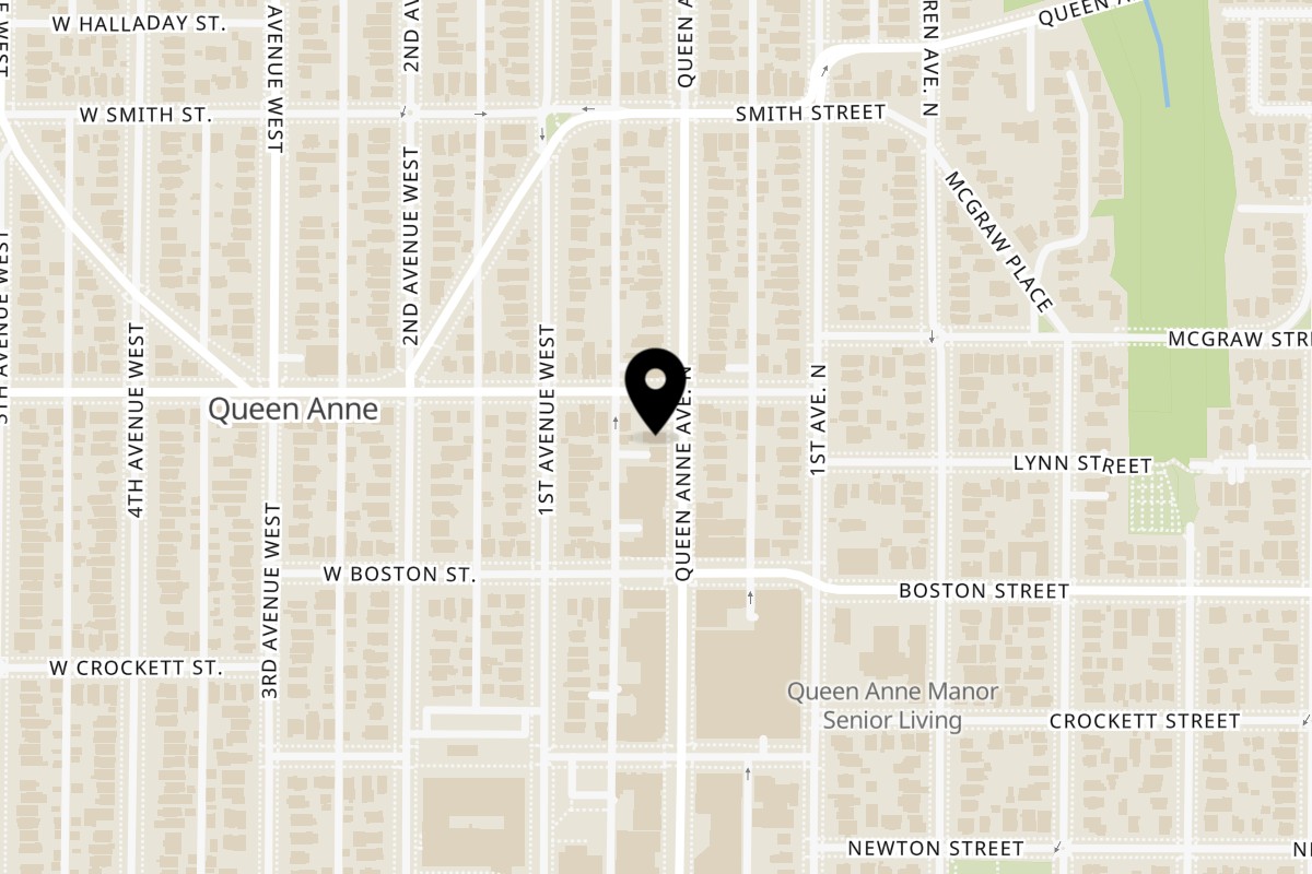 Map showing the location of Queen Caphe on 2231 Queen Anne Ave N in Seattle